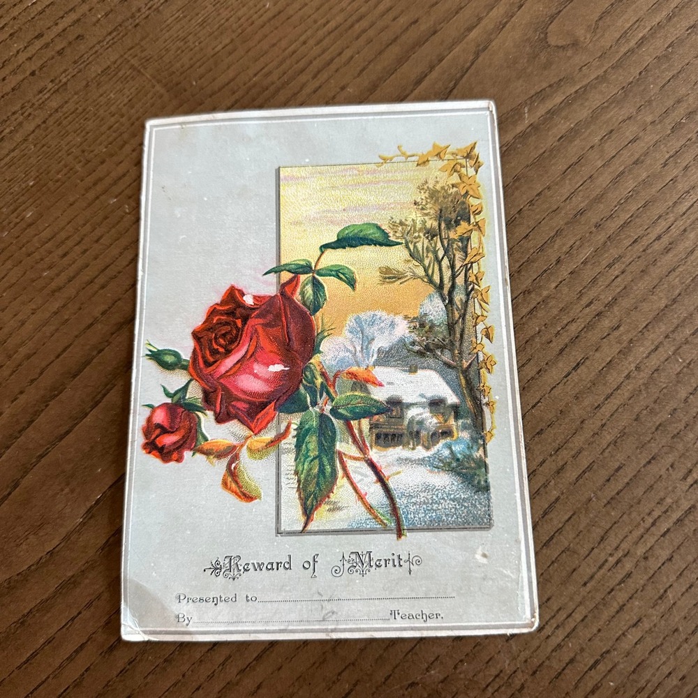 Antique Victorian Reward of Merit Card Red Rose Winter Cottage Embossed Ephemera